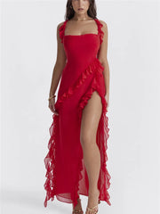 FashionSierra Ruffle Solid Color High Split Party Cocktail Summer Bodycon Maxi Dress