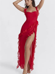 FashionSierra Ruffle Solid Color High Split Party Cocktail Summer Bodycon Maxi Dress