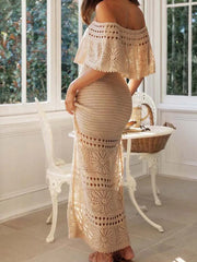 Off Shoulder Short Sleeve Hollow Tie-Up Boho Dress