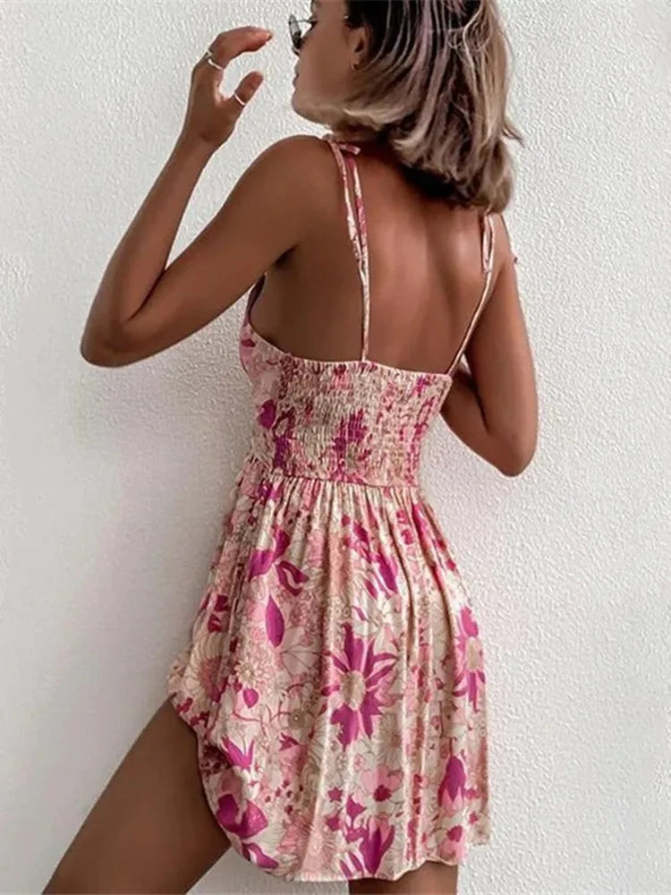 Floral Boho Pink Flower Print Bohemian Beach Style Ruffled Backless Mini Dress