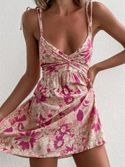 Floral Boho Pink Flower Print Bohemian Beach Style Ruffled Backless Mini Dress