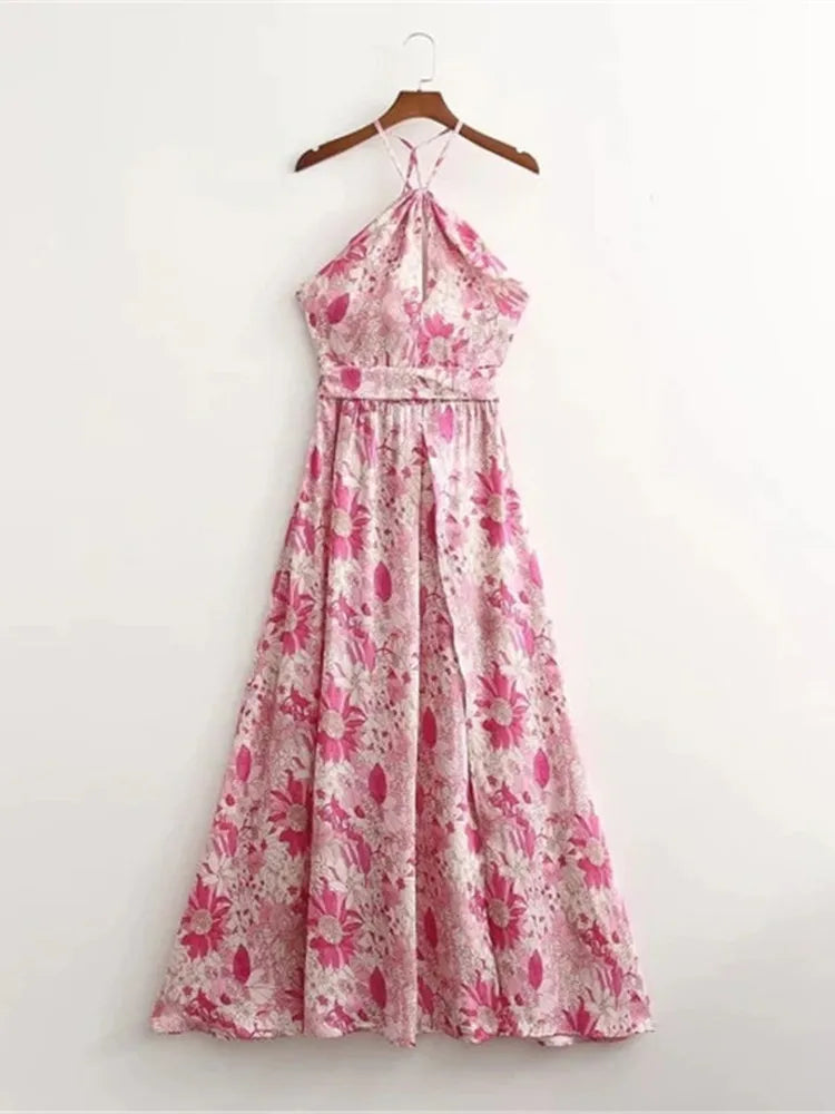 Floral Boho Pink Flower Print Bohemian Beach Style Ruffled Backless Mini Dress