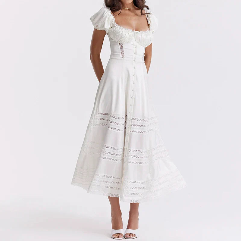 French Vintage Lace Trim A-line Square Collar Puff Sleeve Button Up Maxi Dress