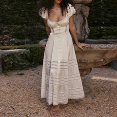 French Vintage Lace Trim A-line Square Collar Puff Sleeve Button Up Maxi Dress