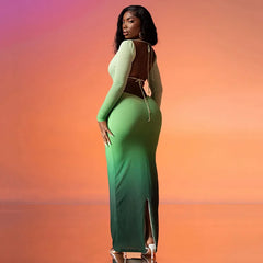 Sleeve Backless Hollow Out Lace Up Slit Bodycon Fall Birthday Party Cut Out Dress