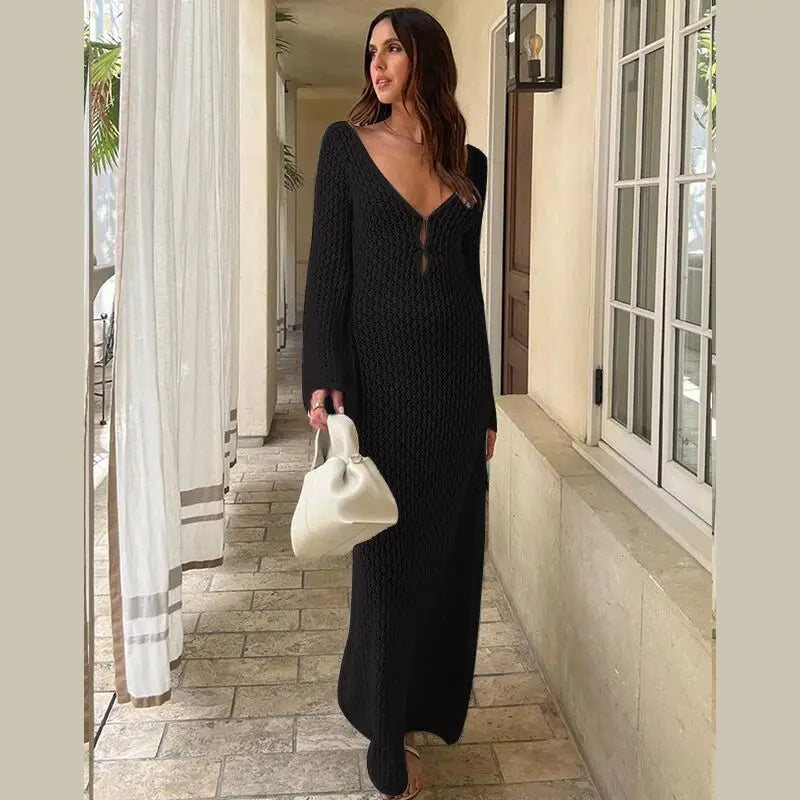 Hollow Out Knitted Backless V Neck Long Dresses Elegant Summer Holiday Outfits Maxi Dress