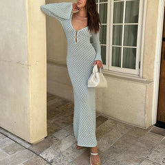 Hollow Out Knitted Backless V Neck Long Dresses Elegant Summer Holiday Outfits Maxi Dress