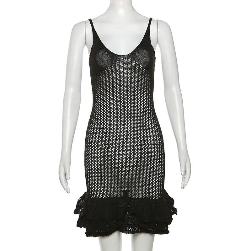 Knit Hipster See Through Pleated Hem Deep v-Neck Backless Sleeveless Clubwear Mini Dress