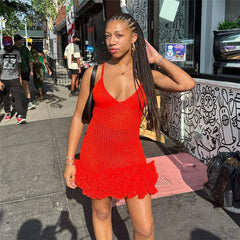 Knit Hipster See Through Pleated Hem Deep v-Neck Backless Sleeveless Clubwear Mini Dress