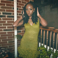 Knit Hipster See Through Pleated Hem Deep v-Neck Backless Sleeveless Clubwear Mini Dress