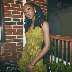 Knit Hipster See Through Pleated Hem Deep v-Neck Backless Sleeveless Clubwear Mini Dress