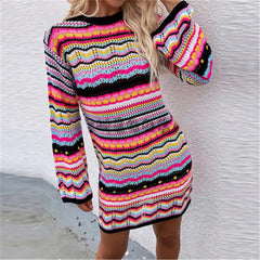 Knitted Sleeve Midi Pullover Autumn Winter Print Panelled Hollow Out Streetwear Top