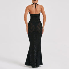 See Through Backless Black Spaghetti Strap Sleeveless Club Party Long Maxi Dress