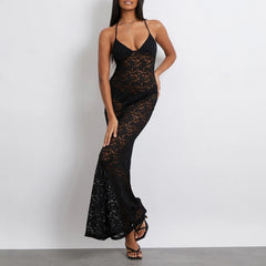 See Through Backless Black Spaghetti Strap Sleeveless Club Party Long Maxi Dress