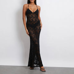 See Through Backless Black Spaghetti Strap Sleeveless Club Party Long Maxi Dress
