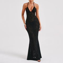 See Through Backless Black Spaghetti Strap Sleeveless Club Party Long Maxi Dress