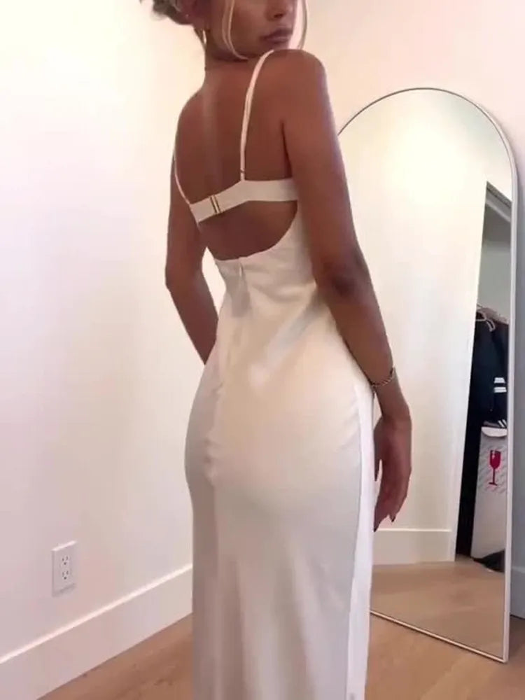 Summer Spaghetti Strap Bodycon Long Solid Color Slim Fit Sleeveless Backless Lace Bust Maxi Dress