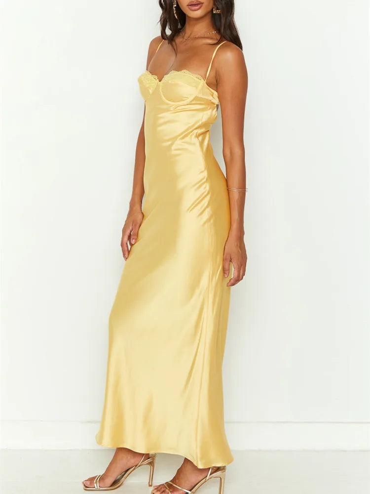 Summer Spaghetti Strap Bodycon Long Solid Color Slim Fit Sleeveless Backless Lace Bust Maxi Dress