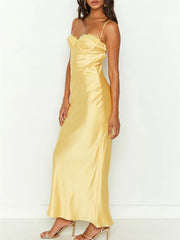 Summer Spaghetti Strap Bodycon Long Solid Color Slim Fit Sleeveless Backless Lace Bust Maxi Dress