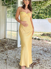 Summer Spaghetti Strap Bodycon Long Solid Color Slim Fit Sleeveless Backless Lace Bust Maxi Dress