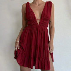 Formal Prom Gowns Evening Party Tank Sleeveless Deep V-Neck Solid Cut Out Dress