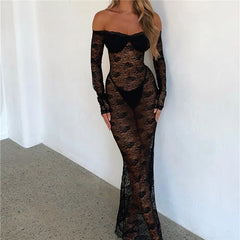 Slim Long Dress Sheer Lace Flower See Through Long-sleeve Off Shoulder Maxi Dress
