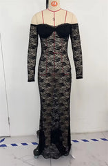 Slim Long Dress Sheer Lace Flower See Through Long-sleeve Off Shoulder Maxi Dress