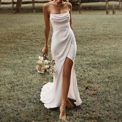 Mermaid Wedding Dress Spaghetti Straps High Slit Satin Backless Plain Bridal Gown Maxi Dress
