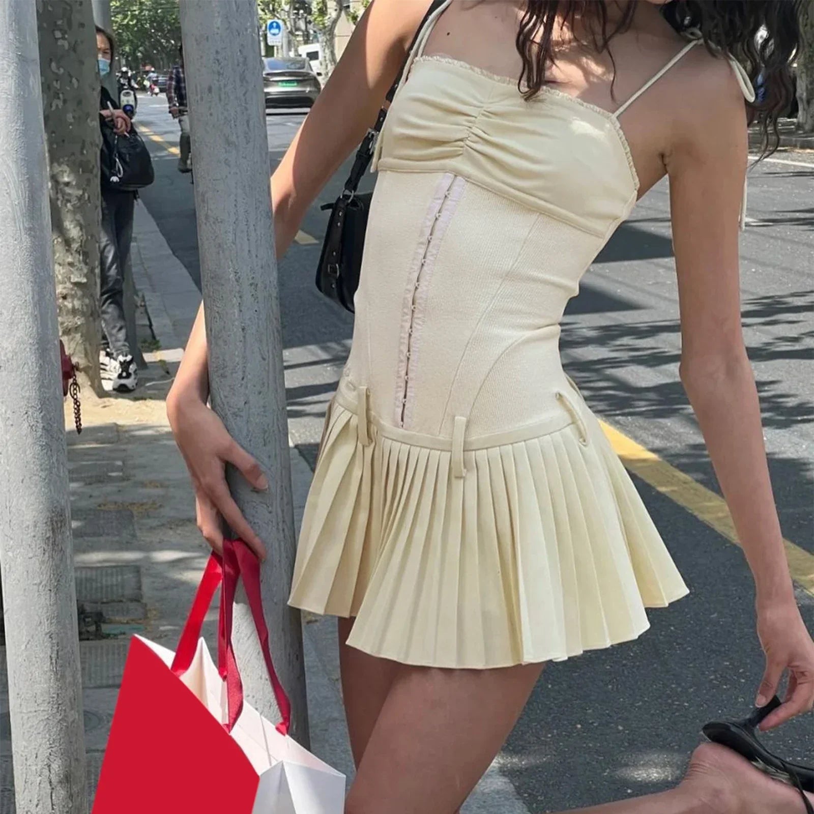 Spaghetti Strap Pleated Fairycore Sleeveless White Party Mini Dress