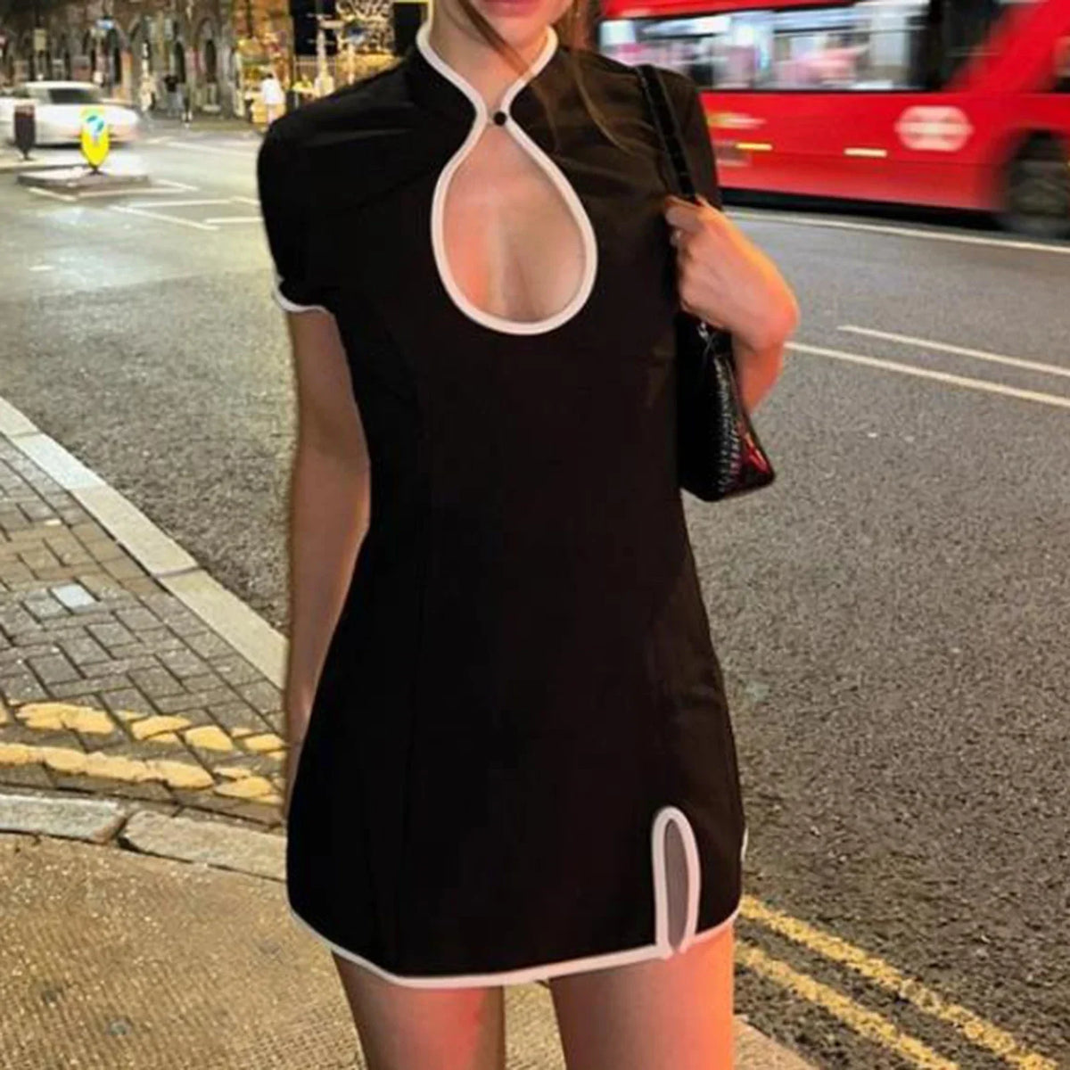 Vintage Cheongsam Patchwork Mandarin Collar Keyhole Short Sleeve Cut Out Dress