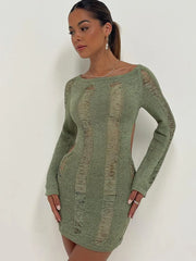 Knitted Bodycon Hollow Out Long Sleeve Beach See Through Striped Party Mini Dress