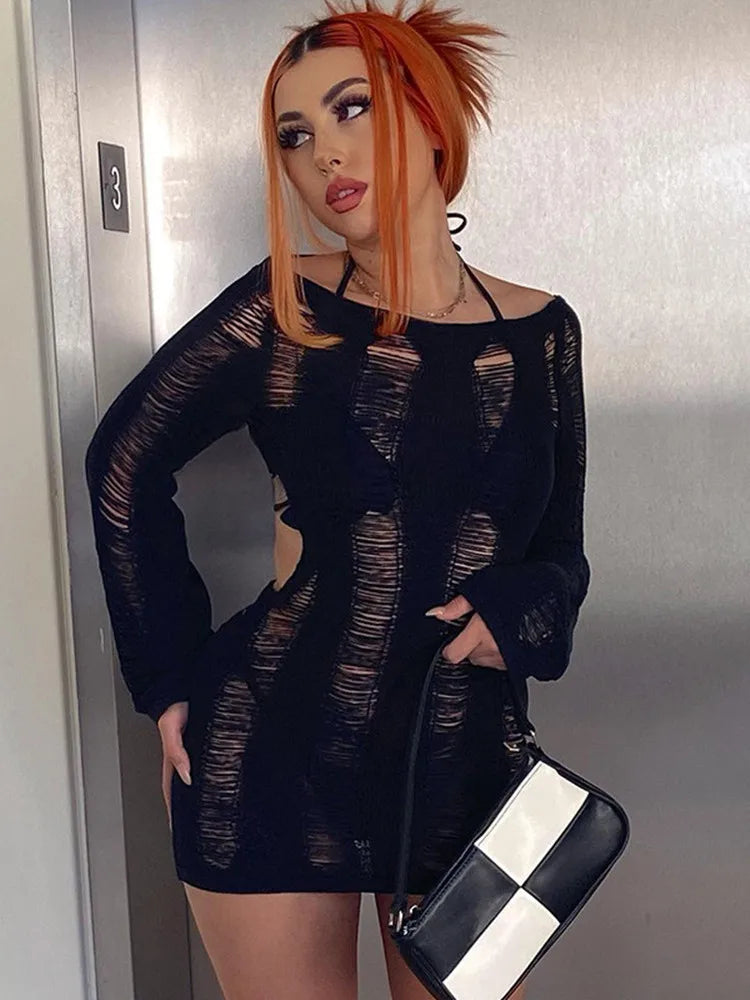 Knitted Bodycon Hollow Out Long Sleeve Beach See Through Striped Party Mini Dress