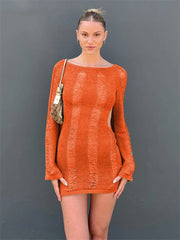 Knitted Bodycon Hollow Out Long Sleeve Beach See Through Striped Party Mini Dress