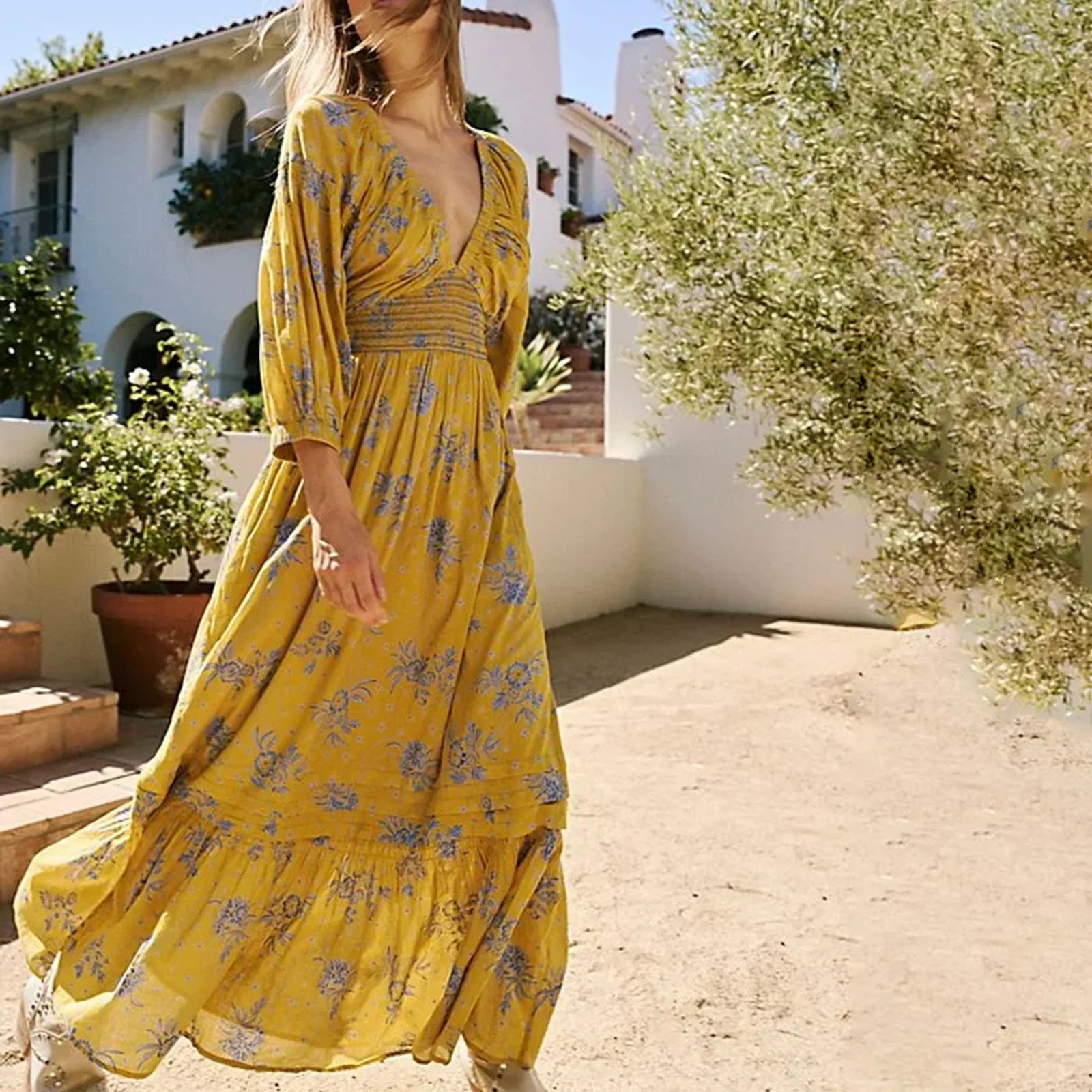Chiffon Tiered Swing Deep V Neck Puff Sleeve WomenBoho Dress