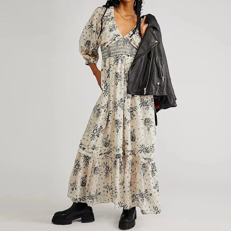 Chiffon Tiered Swing Deep V Neck Puff Sleeve WomenBoho Dress