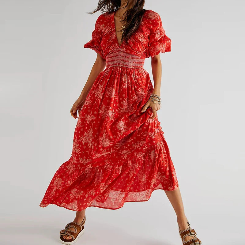 Chiffon Tiered Swing Deep V Neck Puff Sleeve WomenBoho Dress