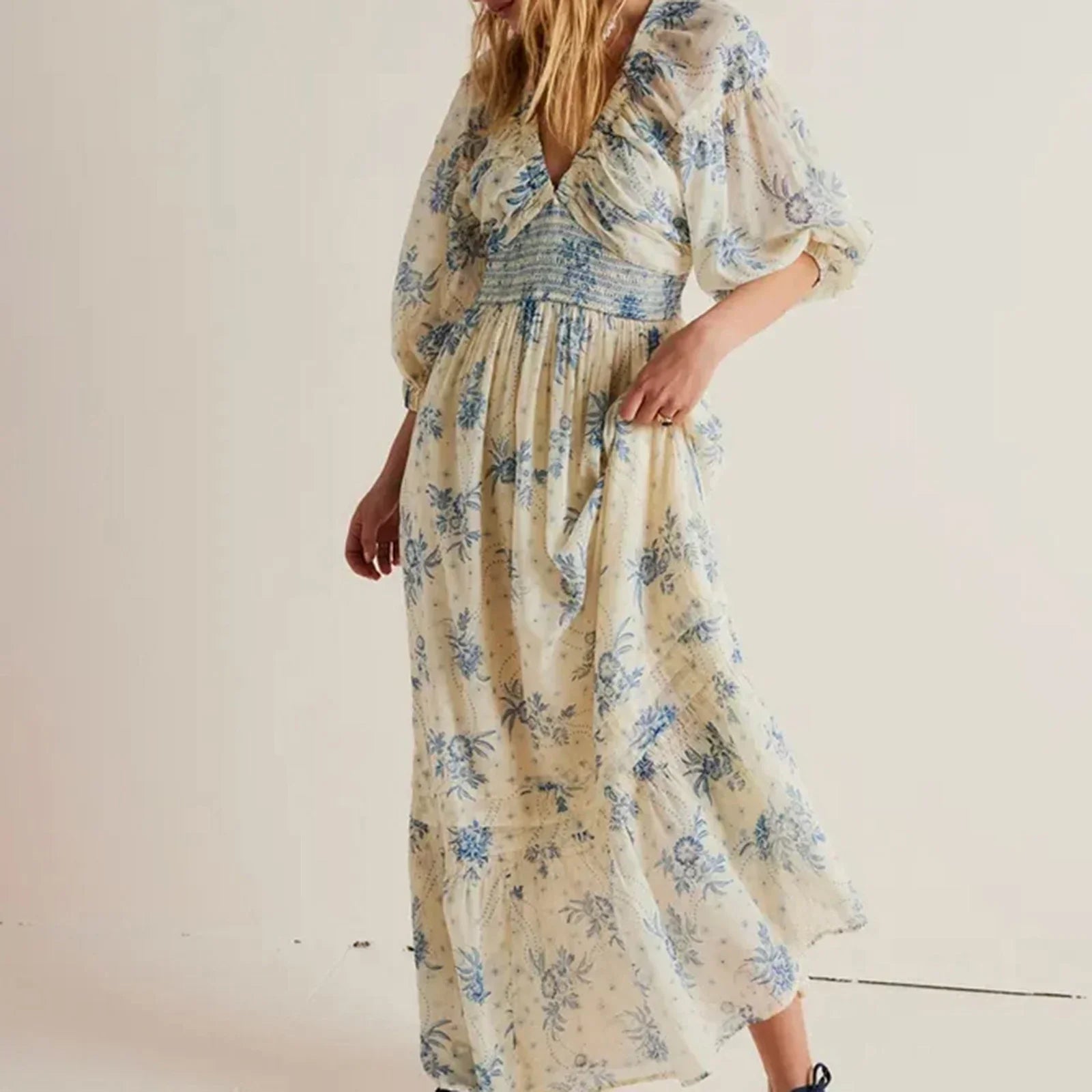 Chiffon Tiered Swing Deep V Neck Puff Sleeve WomenBoho Dress