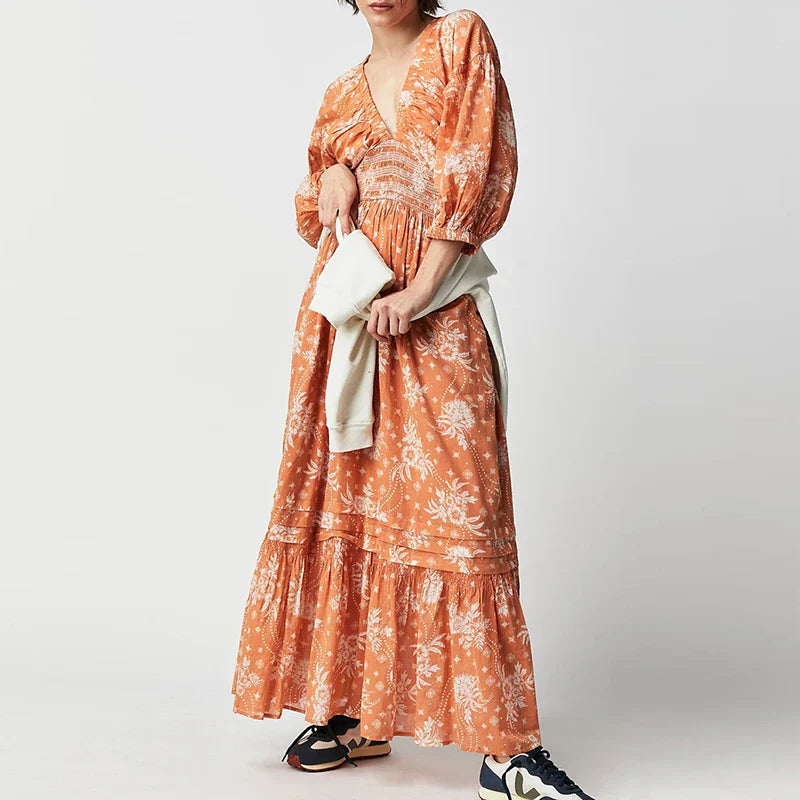 Chiffon Tiered Swing Deep V Neck Puff Sleeve WomenBoho Dress