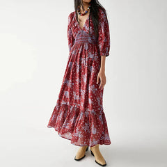 Chiffon Tiered Swing Deep V Neck Puff Sleeve WomenBoho Dress