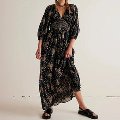 Chiffon Tiered Swing Deep V Neck Puff Sleeve WomenBoho Dress