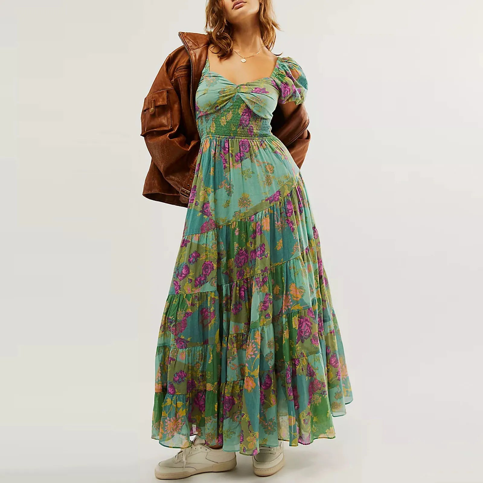 Waist A-Line Neck Tunic Short Puff Sleeve Floral Printed Maxi Boho Dress