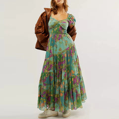 Waist A-Line Neck Tunic Short Puff Sleeve Floral Printed Maxi Boho Dress