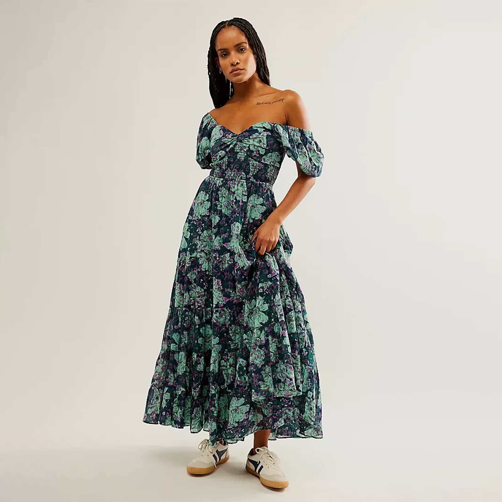 Waist A-Line Neck Tunic Short Puff Sleeve Floral Printed Maxi Boho Dress