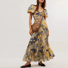 Waist A-Line Neck Tunic Short Puff Sleeve Floral Printed Maxi Boho Dress