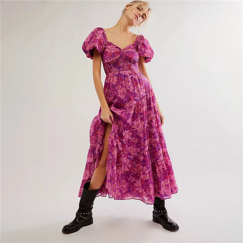 Waist A-Line Neck Tunic Short Puff Sleeve Floral Printed Maxi Boho Dress