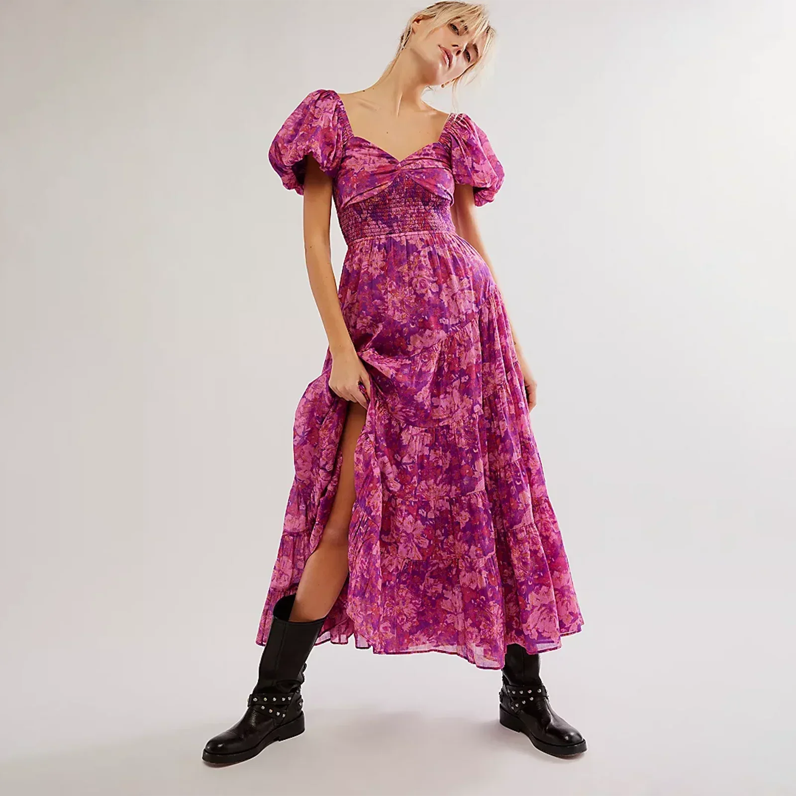 Waist A-Line Neck Tunic Short Puff Sleeve Floral Printed Maxi Boho Dress