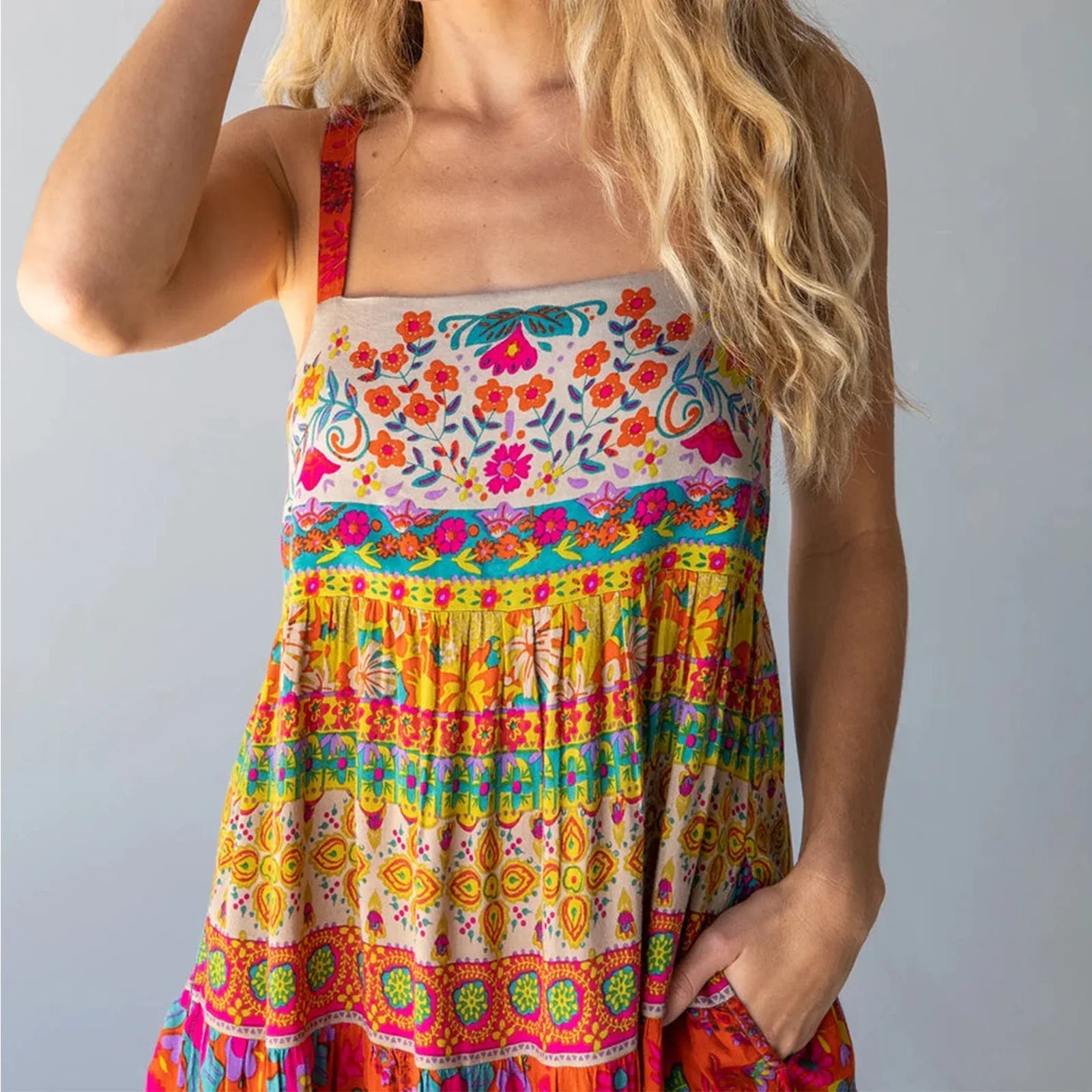 Colorful Graffiti Floral Ruffle Cami Summer Boho Flowy Spaghetti Strap Maxi Sun Midi Dress