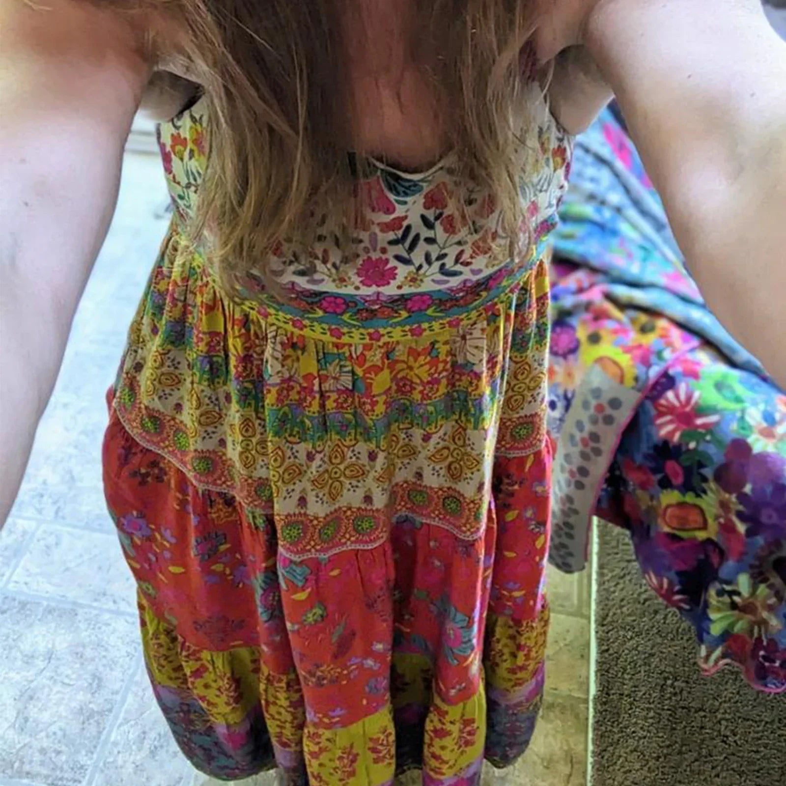 Colorful Graffiti Floral Ruffle Cami Summer Boho Flowy Spaghetti Strap Maxi Sun Midi Dress