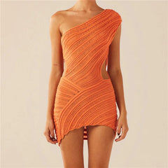 Knitted Bodycon Short Sleeveless One Shoulder Cutout Wrapped Party Cut Out Dress