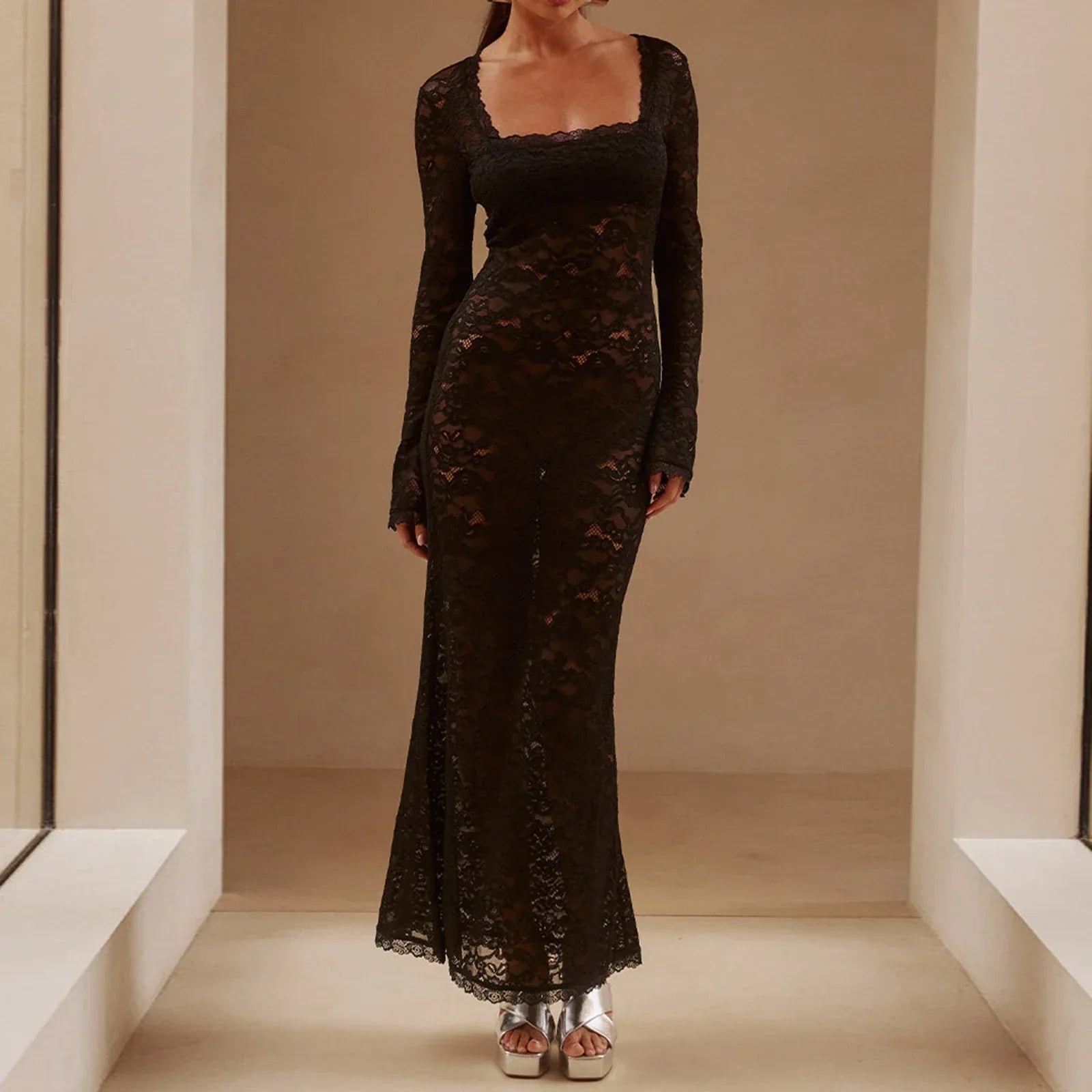Lace Clothes See Through Floral Square Collar Long Sleeve Maxi Dress